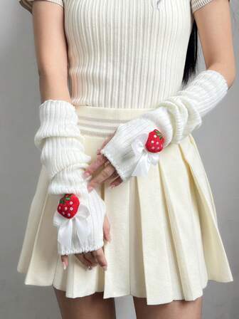 1 Pair Kawaii Strawberry Arm Warmers, Sweet & Cute School Style Bow Arm Sleeves, Fingerless Half Finger Gloves, Knitted Knitted Mittens, Retro Girl Y2K Millennium Arm Sleeve Cuffs
