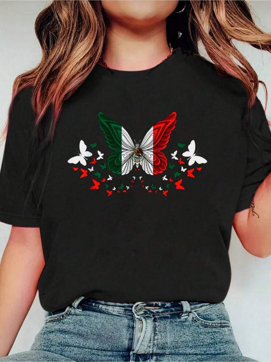 Camiseta de manga corta estilo deportivo con estampado de mariposas y bandera de México, casual y elegante para mujer