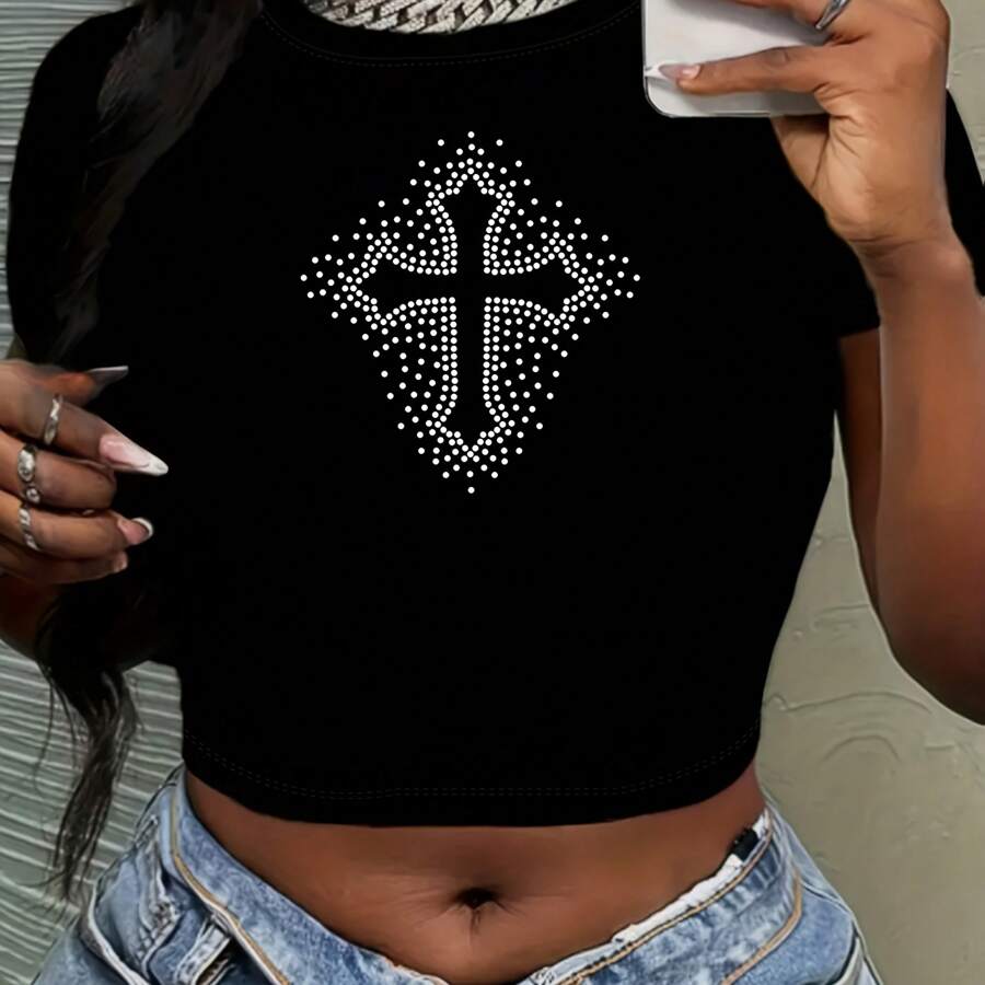 Y2K-Inspired Dream Cross Graphic Crop Top - Stretchy Polyester Blend, Short Sleeve, Round Neck Tee For Women - Perfect For Spring & Summer - 黑色 - 查看 1