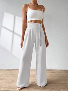 ADD WOMEN'S FASHION - AS1248 Women's Wide Leg Pants, Elastic Waistband, Tailored, Casual, High Waist, Bell Bottom, Casual, Formal, Delicate, Light, Belt, Comfortable, Stylish, Fashion, Glamorous, , National Shipping - 白色 - 查看 3