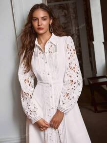 Simplee Women's Spring/Autumn New Solid Color Hollow Lace Patchwork Button Decor Maxi Dress, Elegant Formal Dress, Vintage Style, Birthday Dress