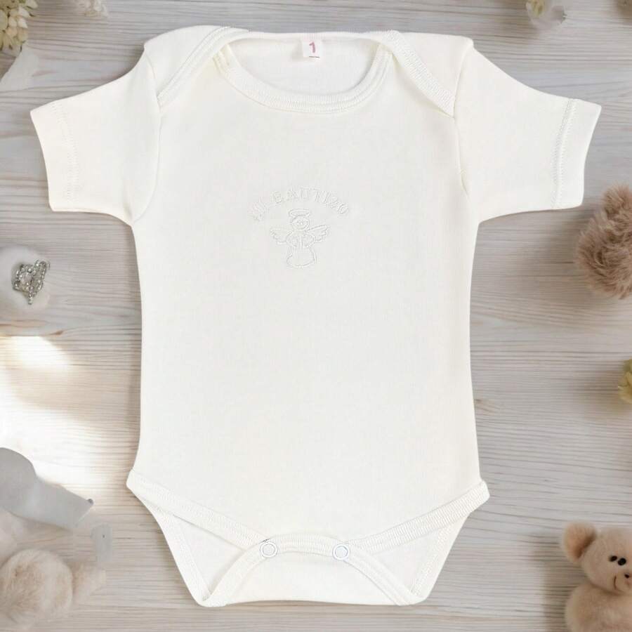 SMK Ceremonias Short Sleeve Angel Embroidered Christening Romper - Beige - View 1