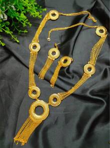 2PCS Women Gold-Plated Long Tassel Necklace And Earrings Jewelry Set, Suitable For African, Dubai Bride, Wedding, Party, Festival, Valentine's Day, Mother's Day Gift - Yellow Gold - View 2