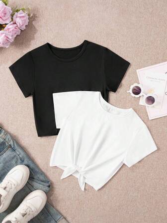 Ung flicka två - Avslappnad tränings-T-shirt med knutkant, kortärmad, sommar