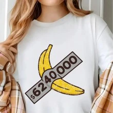 Banana $6.24 Women's Single Side Printed Short Sleeve T-Shirt Round Neck Summer Fashion Solid Basic T-Shirt Tops Casual Summer Shirts