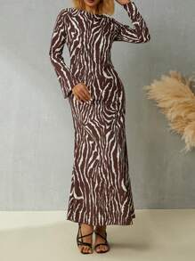 Women Long Dress Zebra Print Long Sleeve Flared Cuff Round Collar Slim Skirt Party Dress Maxi Dress - 棕色 - 查看 3