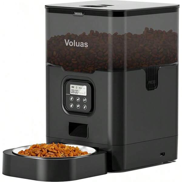 Distributeur automatique pour chat VOLUAS - Distributeur programmable pour chats et chiens avec distributeur de croquettes sèches, sac de croquettes sèches, contrôle des portions programmable, 4 repas par jour, enregistreur vocal de 10s