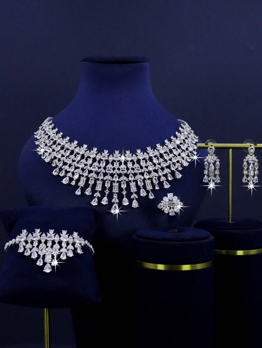 5pcs White Gold Plated Luxury Royal Style Tassel Leaf Design Bridal Wedding Jewelry Set, Handset White Cubic Zirconia, Including Necklace, Bracelet, Earrings, Ring, Suitable For Daily Wedding, Wedding Anniversary Gift (Gift Box Packaging) Included