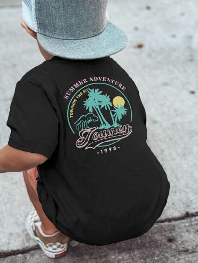 1 件年轻男孩休闲波浪和棕榈树印花圆领短袖 T 恤，夏季学生青年服装 - 为热爱度假的年轻人设计的 T 恤！