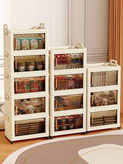 1pc 14.6in/18.5in Wide Foldable Storage Cabinet, 3-5 Tiers Selectable, Storage Rack And Trolley, Thickened Double-Door With Wheels Storage Cabinet, Unassembled Home Use Plastic Foldable Storage Organizer, Clothing And Toy Organizer Outdoor Decor