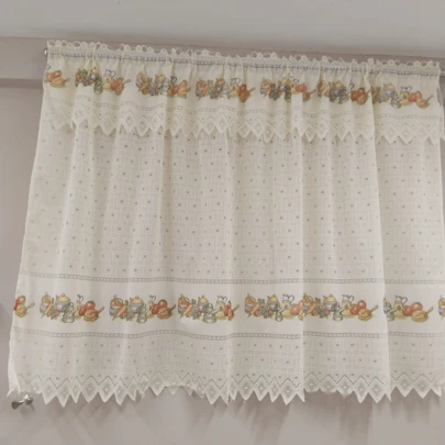 1pc cortina de encaje delgado blanco/hueso para cocina 1mtr/2mtrs ancho x 1.10 alto con motivos de cocina; frutero, teteras y floreros, canasta, miel. Se recomienda lavar a mano