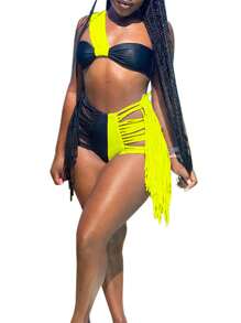 Women's Sexy Contrast Color Bikini, Sleeveless Off-shoulder Tops Briefs Swimsuit, Classic Tassel Decoration Two-pieces Set - verde fluorescente - Ver 2