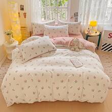 Juego de 3 piezas de hilo de doble capa con pequeñas flores rosas, suave y cómodo, 1 funda de edredón + 2 fundas de almohada - tulipán - Ver 2