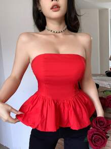 Solid Ruffle Hem Tube Top - Red - View 6
