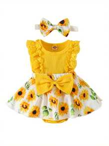 Mono de retazos para bebé niña, con estampado de flores, encaje, sin mangas, cuello redondo, lazo frontal y diadema - Amarillo - Ver 1