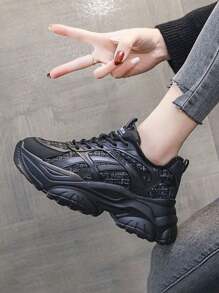 Zapatillas de cuña para mujer , Zapatillas de tenis casuales deportivas versátiles , Zapatillas de deporte para mujer , Zapatillas deportivas PU , Zapatillas para correr con suela gruesa que mejoran la altura , Zapatillas de plataforma cómodas y elegantes - Negro - Ver 4