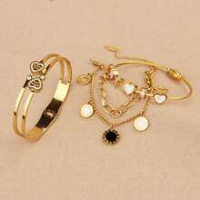 Juego de pulsera de 3 en 1 de acero inoxidable con elegante flor de cuatro hojas, pulsera con colgante de corazón con circonita brillante de estilo romano, adecuado para uso diario, banquetes, bodas y como regalo, para todas las estaciones