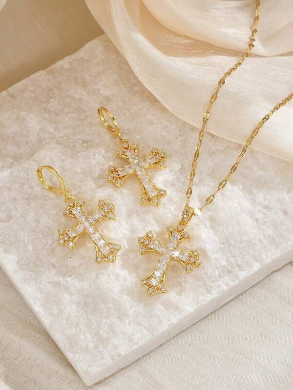 1pc Luxurious Stainless Steel Fully Crystallized Cross Necklace For Women; 1 Pair Fully Crystallized Elegant Cross Earrings For Women