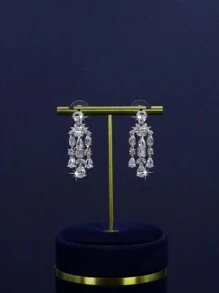 5pcs White Gold Plated Luxury Royal Style Tassel Leaf Design Bridal Wedding Jewelry Set, Handset White Cubic Zirconia, Including Necklace, Bracelet, Earrings, Ring, Suitable For Daily Wedding, Wedding Anniversary Gift (Gift Box Packaging) Included