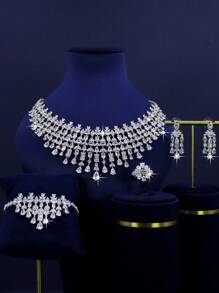 5pcs White Gold Plated Luxury Royal Style Tassel Leaf Design Bridal Wedding Jewelry Set, Handset White Cubic Zirconia, Including Necklace, Bracelet, Earrings, Ring, Suitable For Daily Wedding, Wedding Anniversary Gift (Gift Box Packaging) Included