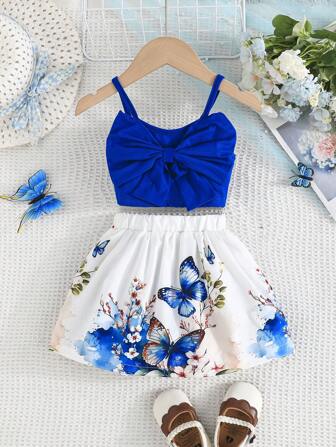 2 Stück/Set Baby Mädchen Spaghetti-Top mit Schleife und hübscher Blumen-Bedruckter Rock Set, Sommer
