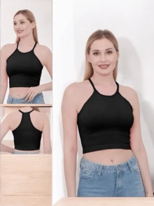 Top Halter Unicolor.  Tela Elástica. - Negro - Ver 1