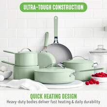 GreenLife Dream - Juego de utensilios de cocina antiadherentes de cerámica de 10 piezas, sin PFOA, sin PFAS, ollas y sartenes con tapas, aptas para lavaplatos y horno, asas para mantenerse fresco, - 1 - Ver 7