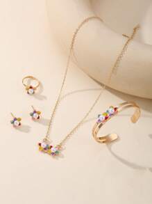 5pcs/Set Girls Floral Necklace, Bracelet, Ring And Earring Set - Multicolor - View 1
