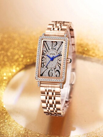 DOM 1pc Dameshorloge met strass-versiering, roségoudkleurig, mode, stalen band, waterdicht, polshorloge met numerieke wijzerplaat
