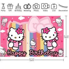 Sanrio 1 Striscione da parete per festa di compleanno a tema Sanrio KT Cat, decorazioni per festa a tema cartoni animati per doccia, forniture per decorazioni della camera da letto, tappezzeria o sfondo fotografico, 210 x 150 x 100/100 x 75 cm