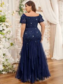Vestido largo de fiesta, baile de graduación, boda, con hombros descubiertos, mangas con volantes, lentejuelas, encaje floral, contraste de malla, volantes en el bajo, para ocasiones especiales