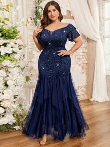 Vestido largo de fiesta, baile de graduación, boda, con hombros descubiertos, mangas con volantes, lentejuelas, encaje floral, contraste de malla, volantes en el bajo, para ocasiones especiales