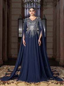 Faeriesty Abaya 华丽 V 领串珠紧身胸衣斗篷袖雪纺派对礼服晚礼服 - 藏蓝色 - 查看 4