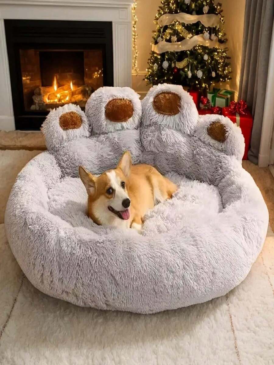 1pc Bear Paw Plush Pet Mat Plush Bear Paw Pet Bed - Polyester PP Cotton Filling, Machine Washable Easy Care, Non-Slip Design, Soothing Anxiety Warm Soothing Donut Bed Bear Paw Shape Pet Bed - Super Soft Cat & Dog Soothing Bed, Suitable For All Seasons, Super Soft Plush Bear Paw Shape, Perfect Choice For All Kinds Of Pets - Xám - Xem 1