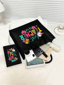 Creative Teacher Alphabet Printed Linen Handbag,Big Bag With Small Bag,Khaki Color Block Shopping Bag - Black - View 2