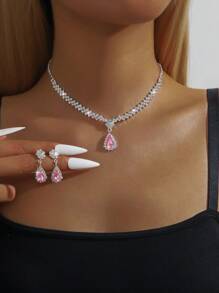 4pcs/Set Minimalist Elegant Floral Drop Pendant Necklace, Earrings, Bracelet Jewelry Set, Rhinestones Bridal Wedding Dress Accessories, Party, Valentine's Day Gifts For Her,Mom,Mother,Mother's Day,Gift