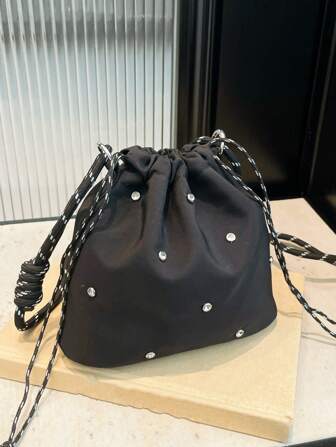 带水钻的抽绳水桶包，时尚休闲编织肩带女士单肩/斜挎包，轻便防水简约日式风格