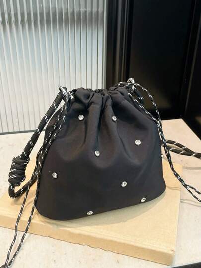 带水钻的抽绳水桶包，时尚休闲编织肩带女士单肩/斜挎包，轻便防水简约日式风格