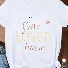 Heart-Shaped Number One LOVED Nurse Women's Single Side Printed Short Sleeve T-Shirt Round Neck Summer Fashion Solid Basic T-Shirt Tops Casual Summer Shirts