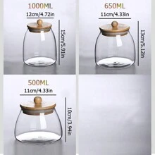 Tarro de almacenamiento de granos de vidrio transparente, tarro sellado de vidrio de borosilicato alto con tapa de madera de bambú, bote de té con perilla redonda de madera