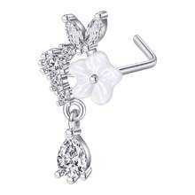 20G Pendientes de aro para la nariz en forma de L con colgante para mujer, aros de nariz con pendientes con flor de circonita cúbica de acero inoxidable para perforaciones de la nariz