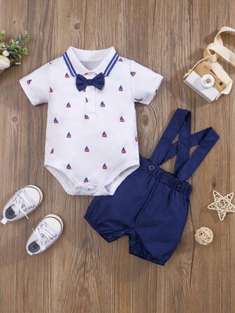 Hibobi 2 piezas Conjunto para Bebé Niño con Estampado de Animales, Body de Manga Corta y Pantalones Cortos con Tirantes, Ropa de Verano para Recién Nacidos y Niños Pequeños