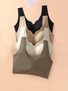 4pcs Women's Solid Color Wireless No-Underwire Supportive V-Neck Breathable & Comfortable Lingerie Bra