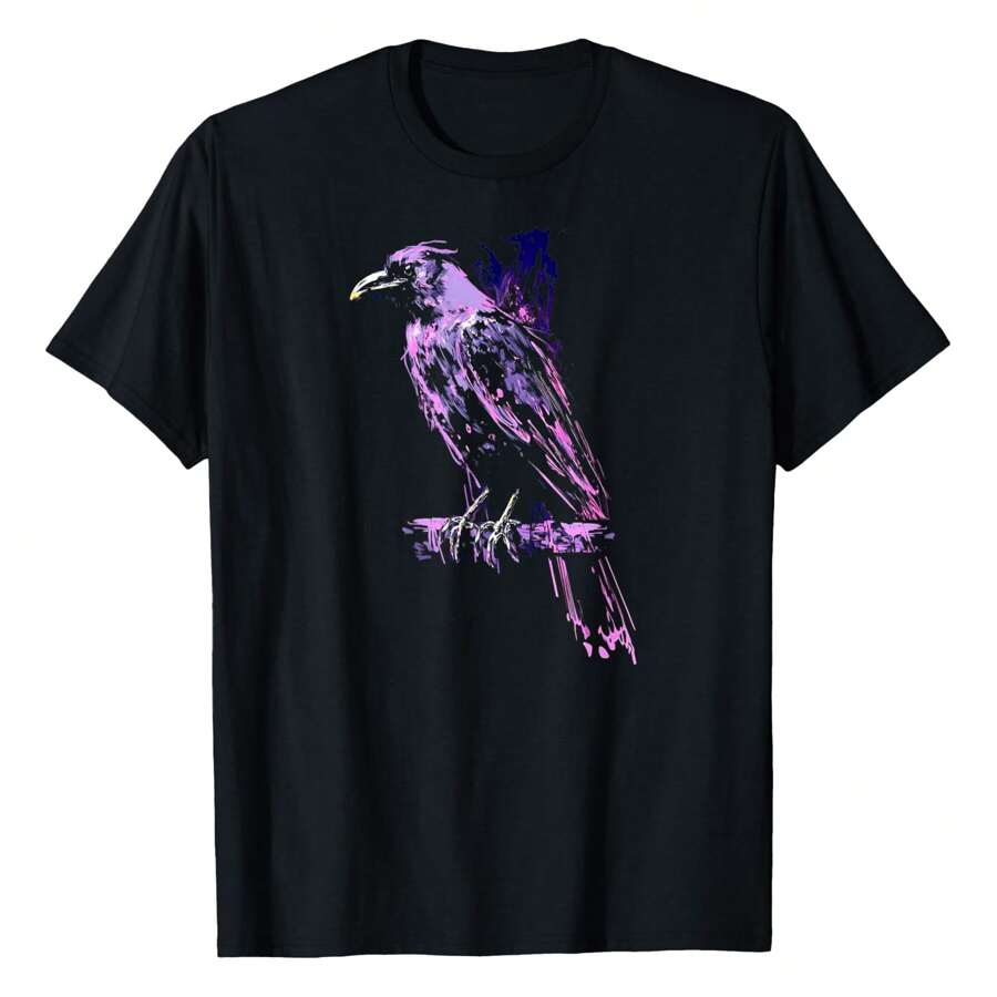 Mystical Raven Black Crow Bird Illustration T-Shirt,220g Pure Cotton Single-Sided Printed Round Neck Short Sleeved Shirt.