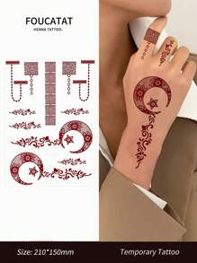 1 件女士花朵临时纹身，月亮图案指甲花纹身贴纸，适用于手、手指和身体装饰，防水假纹身，适合斋月节 - 彩色 - 查看 3