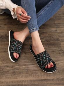 Comfy, Breathable Linen Couple House Slippers, Multiple Colors, Suitable For Bedroom - Black - View 3