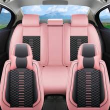 Nappa Perforated Leather Universal Car 5 Seat Covers Full Set Car Breathable Air Hole All Coverage Front Back Side Full Cushioned Protector Fit For Most Cars SUV Truck Sedan - 粉色 - 查看 2