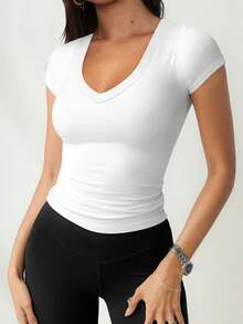 女士 T 恤性感夏季运动休闲家居通勤纯色 V 领短袖上衣 - 白色 - 查看 4