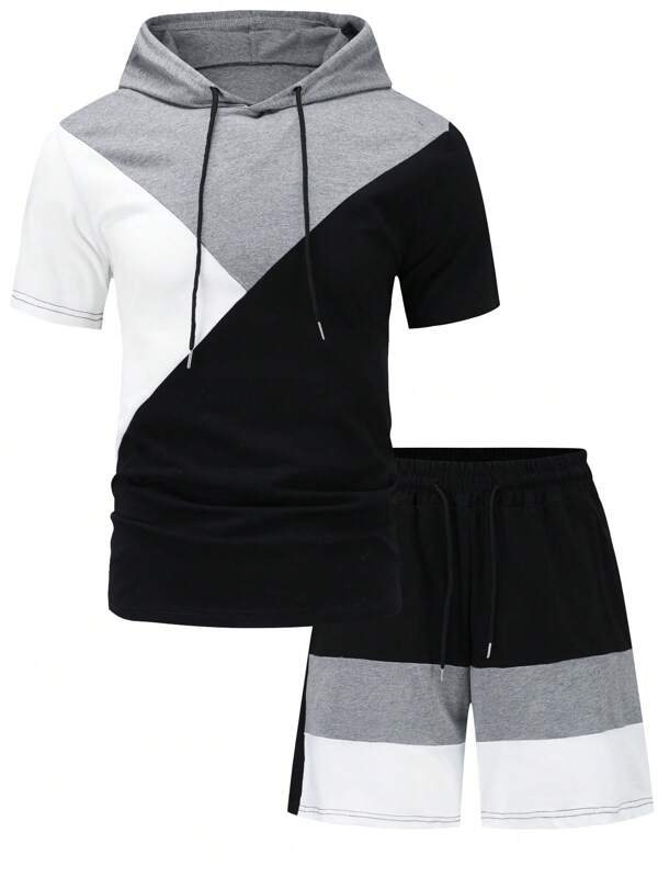 Men's Sports Casual Tri-Color Splice Design Short Sleeve Hoodie T-Shirt & Shorts Set, Outdoor Sports Tracksuit For Running & Fitness
