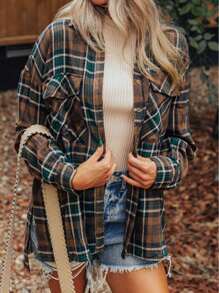 Brown Plaid Print Chest Pockets Buttoned Shirt Jacket